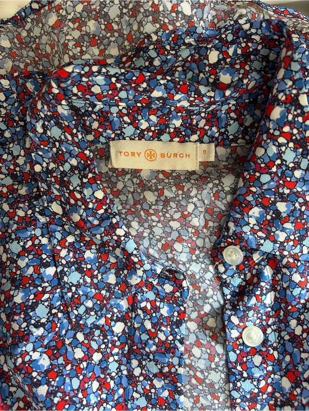 Tory Burch Silk Shirt Dress 0 Blue Red Abstract Print Belted Mini Dress
